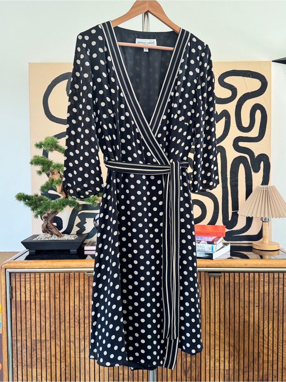 Vintage Black White Pure Silk Polka Dot Wrap Midi Dress Size 12